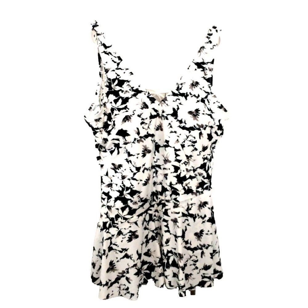 Sea & Sand One-Piece Swim Dress Suit Black White Faux Surplice Wrap - 18W